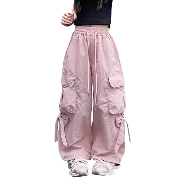 CPNG Girls Trendy Bow Cargo Pants Solid Color Jogger Straight Wide Leg Elastic High Waist Loose Drawstring Cargo Sweatpants with Multi-Pockets