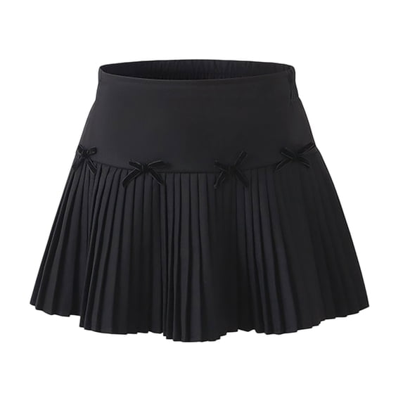 CPNG Girls Uniform Pleated Skirts with Bow Decor Solid Color High Waist A-line Casual Pleated Skirts with Lining Shorts(Black,3-4 Years)