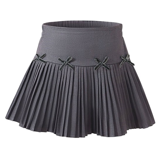 CPNG Girls Uniform Pleated Skirts with Bow Decor Solid Color High Waist A-line Casual Pleated Skirts with Lining Shorts(Dark Gray,7-8 Years)