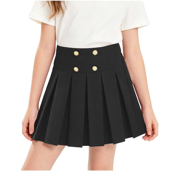 CPNG Girls Uniform Pleated Skirts with Double-Breasted Detail Solid Color A-line Casual Pleated Skirts with Lining Shorts(Black,7-8 Years)