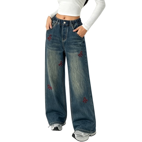 CPNG Girls Washed Jeans Elastic Waist Wide Leg Baggy Denim Pants with Red Bow Embroidery Casual Loose Denim Trousers Streetwear