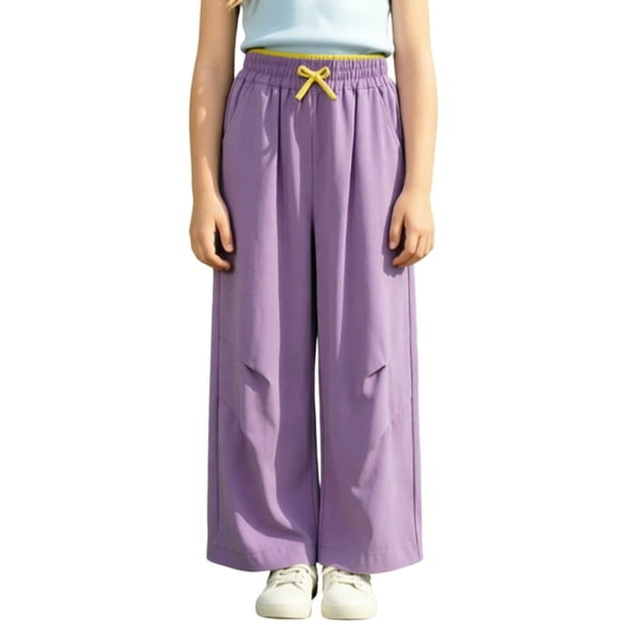 CPNG Girls Wide Leg Cargo Pants Solid Color Casual Elastic High Waist Straight Leg Cargo Trousers Lightweight Breathable Outdoor Cargo Pants