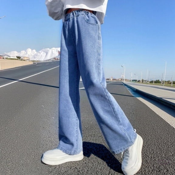 CPNG Girls Wide Leg Jeans Elastic Waistband Cute Baggy Lightweight High Waist Washed Denim Pants with Pocket Spring Casual Warm Cozy Jeans