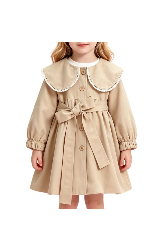 Girls Windbreaker Jacket Lace Trim Peter Pan Collar Mid Long Length Jacket with Belt Spring Autumn Solid Color A Line Coat