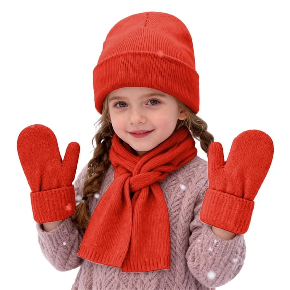 CPNG Girls Winter Warm Beanie Hat Scarf Gloves Set, Warm Fleece Knitted Pompom Hat with Pom Pom Neck Warmer Long Scarf Touchscreen Gloves