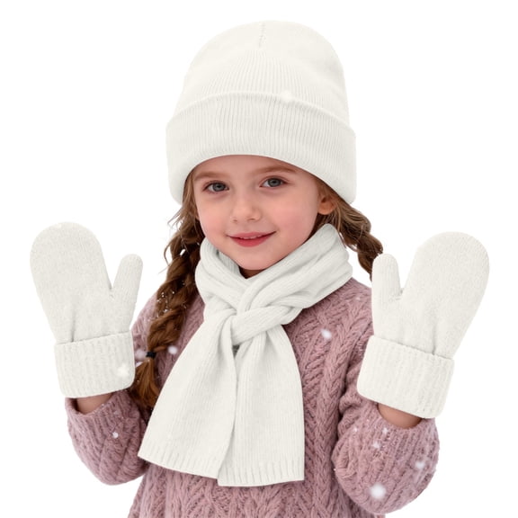 CPNG Girls Winter Warm Beanie Hat Scarf Gloves Set, Warm Fleece Knitted Pompom Hat with Pom Pom Neck Warmer Long Scarf Touchscreen Gloves
