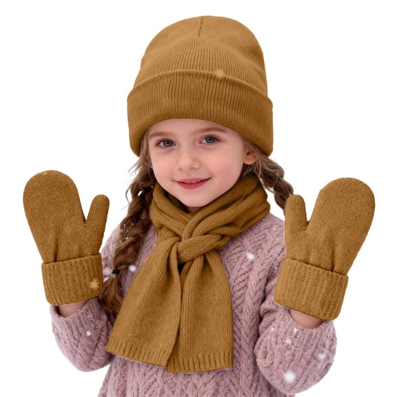 CPNG Girls Winter Warm Beanie Hat Scarf Gloves Set, Warm Fleece Knitted Pompom Hat with Pom Pom Neck Warmer Long Scarf Touchscreen Gloves