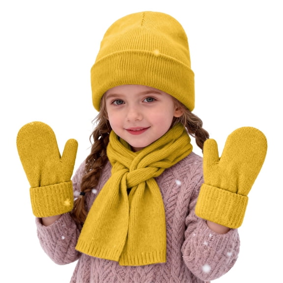 CPNG Girls Winter Warm Beanie Hat Scarf Gloves Set, Warm Fleece Knitted Pompom Hat with Pom Pom Neck Warmer Long Scarf Touchscreen Gloves
