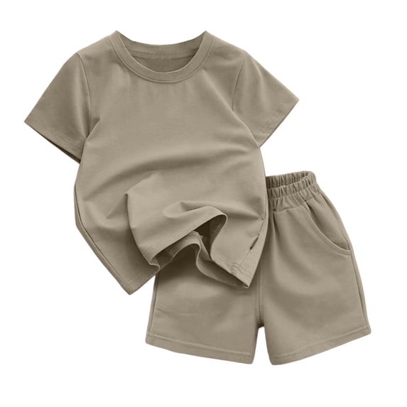 CPNG Girls and Boys 2 Piece Short Set Kids Summer Outfit Solid Color Short Sleeve T-shirt Elastic Waist Shorts Set(Khaki,18-24 Months)