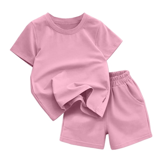 CPNG Girls and Boys 2 Piece Short Set Kids Summer Outfit Solid Color Short Sleeve T-shirt Elastic Waist Shorts Set(Pink,11-12 Years)