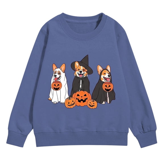 CPNG Girls and Boys Halloween Sweatshirt Crewneck Long Sleeve Pullover Tops with Corgi Pumpkin Print Loose Casual Daily Pullovers