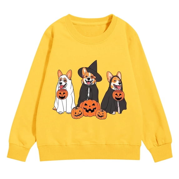 CPNG Girls and Boys Halloween Sweatshirt Crewneck Long Sleeve Pullover Tops with Corgi Pumpkin Print Loose Casual Daily Pullovers