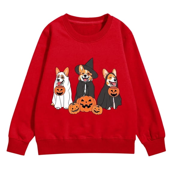 CPNG Girls and Boys Halloween Sweatshirt Crewneck Long Sleeve Pullover Tops with Corgi Pumpkin Print Loose Casual Daily Pullovers