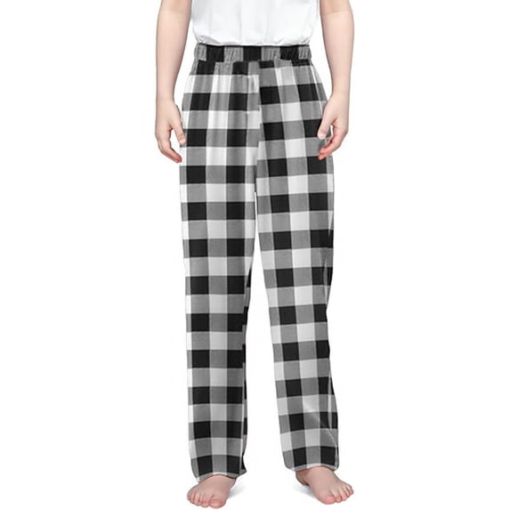 CPNG Girls and Boys Plaid Sleeping Pants Kids Elastic High Waist Soft Cotton Plaid Home Pants with Pockets(Black,5-6 Years)