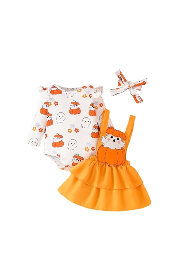 Halloween Cute Ghost Pumpkin Romper Jumpsuit Skirts Baby Girl Halloween Cartoon Pumpkin Print Long Sleeve Hoodie Back Dress Set Halloween Costumes for Trick-or-Treating Kids 0-3 Months (Orange)