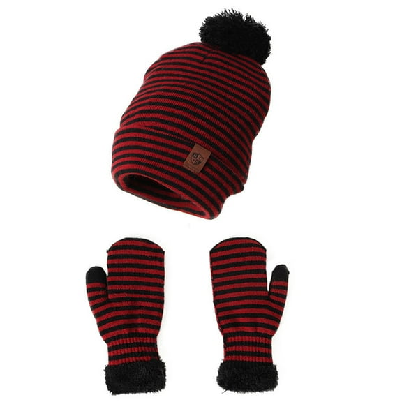 CPNG Infant Baby Girls Boys Soft Fleece Lined Warm Knit Beanie Stripe Hat Soft Gloves Kids Winter Hat With Fleece Earflap Scarf Hood Hat