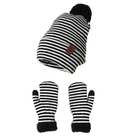 CPNG Infant Baby Girls Boys Soft Fleece Lined Warm Knit Beanie Stripe Hat Soft Gloves Kids Winter Hat With Fleece Earflap Scarf Hood Hat