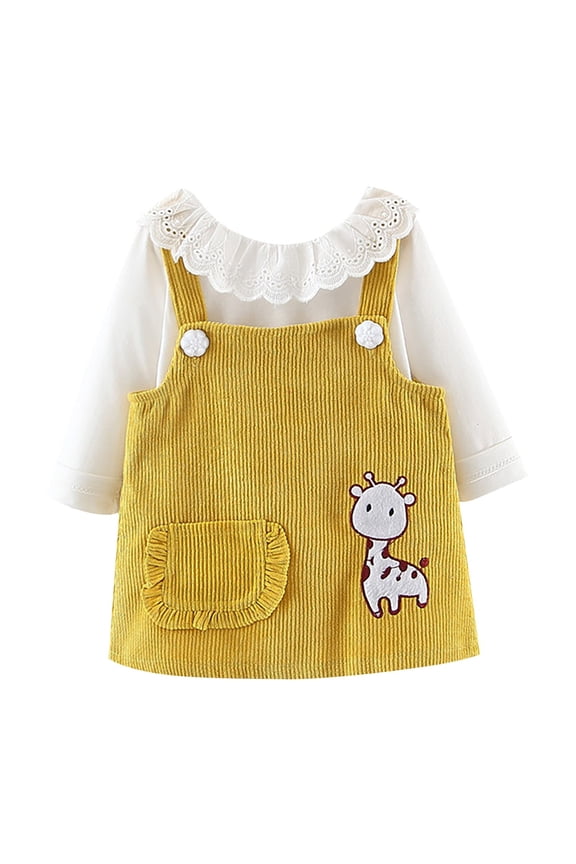 Infant Baby Girls Fall Dresses Lace Neckline Long Sleeve Pullover Tops Giraffe Prints Suspender Striped Skirt 2Pcs Set(Yellow,6-12 Months)