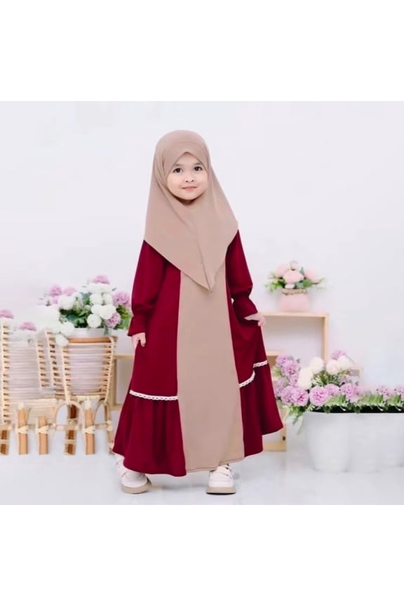 Kid Baby Girls Prayer Dress Muslim Two Piece Traditional Robe Prayer Dress Clothes for Toddler Long Sleeve Abaya with Hijab Set Red
