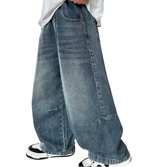 CPNG Kid Boys Baggy Jeans Straight Wide Leg Cargo Jeans with Pockets Elastic Waist Loose Fit Skater Denim Pants Casual Y2K Long Trousers Streetwear