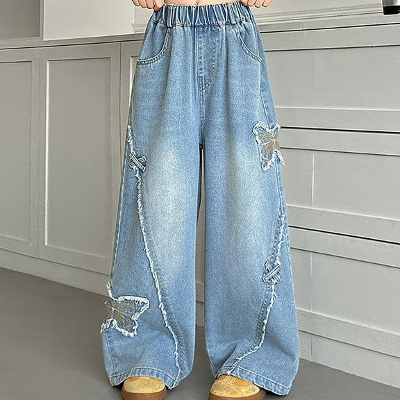 CPNG Kid Girls Baggy Wide Leg Jeans Elastic Waist Cute Butterfly Embroidery Straight Leg Jeans Y2k Aesthetic Streetwear Loose Fit Denim Pants