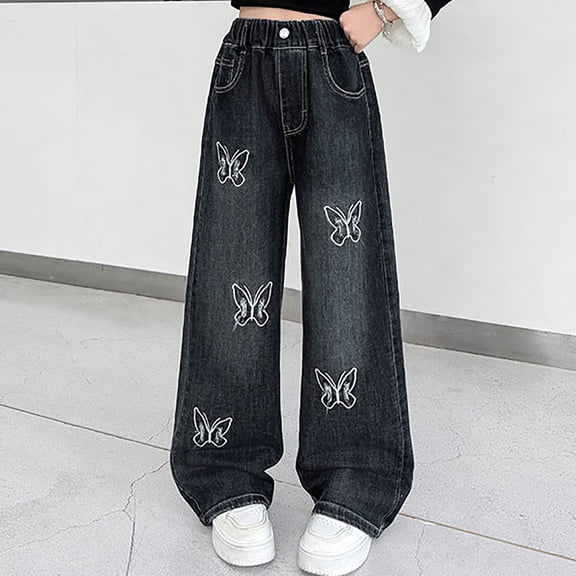 CPNG Kid Girls Butterfly Embroidery Jeans Back to School Vintage Y2k Streetwear Cute Baggy High Waist Wide Leg Denim Cargo Pants Teen Girl Trendy Clothes
