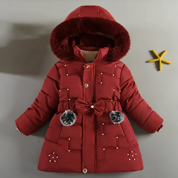 CPNG Kid Girls Faux Fur Hooded Fleece Lining Coat with Belt Cute Pearl Dress Coat Waterproof Parka Outwear Winter Warm Fur Collar Snow Puffer Jacket