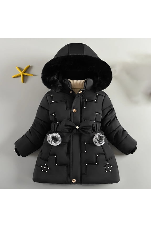 Kid Girls Faux Fur Hooded Fleece Lining Coat with Belt Cute Pearl Dress Coat Waterproof Parka Outwear Winter Warm Fur Collar Snow Puffer Jacket