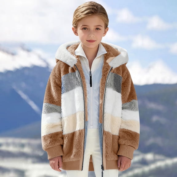 CPNG Kid Girls Lamb Wool Padded Coat Oversized Fuzzy Fleece Jackets Sherpa Hoodie Lined Jacket Color Block Cardigan Coat Faux Fur Shearling Fleece Zip Shacket