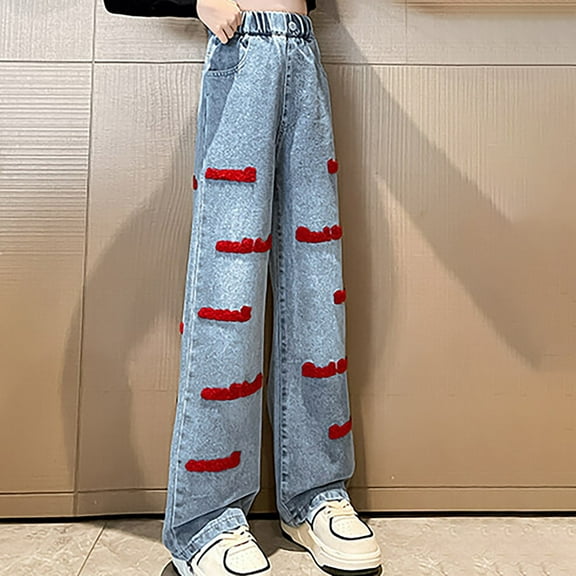 CPNG Kid Girls Loose Denim Pants Y2K Aesthetic Cargo Track Pants Fairy Grunge Pants Wide Leg Korean Trousers Casual Kpop Pants High Waist Pockets Straight Wide Leg Jeans