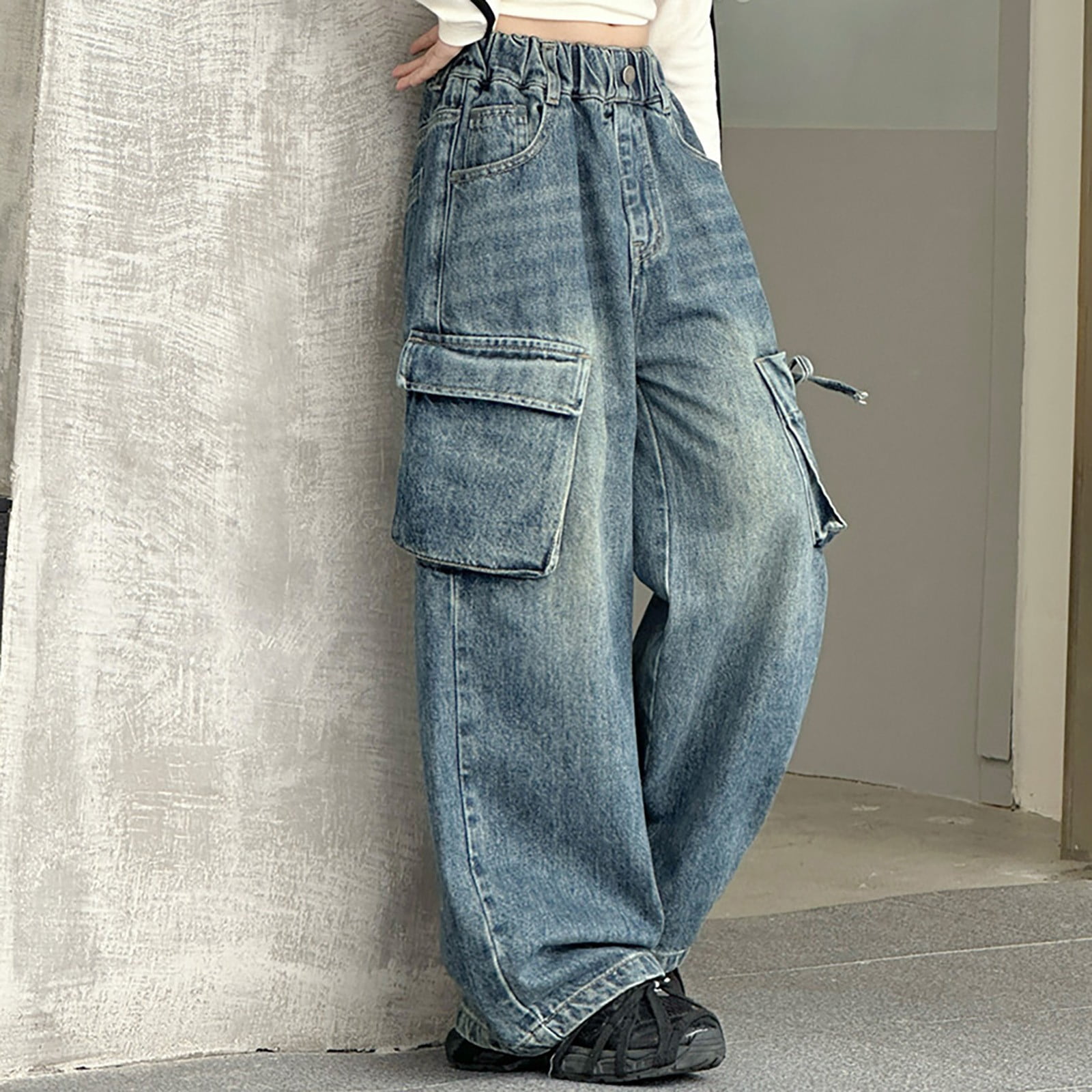 CPNG Kid Girls Loose Fit Denim Cargo Pants High Waist Floor Length — free download