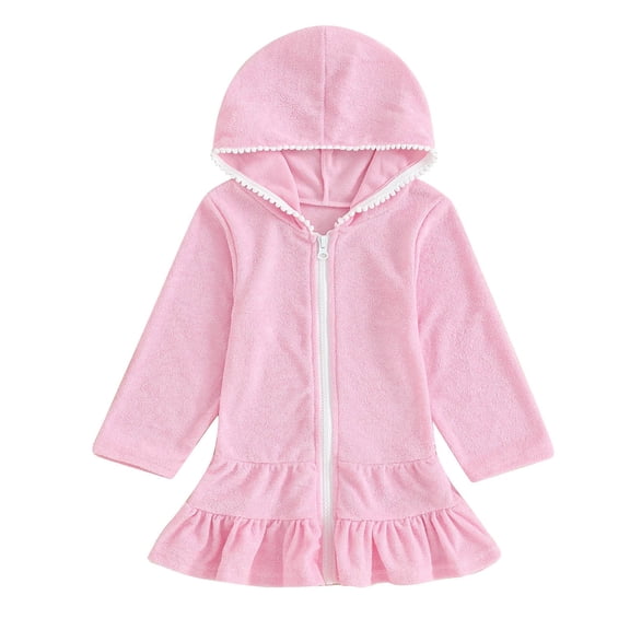 CPNG Kid Girls Swim Cover Up Solid Color Hooded Zip-Up Terry Swimsuit Coverup Towel Bathing Suit Bathrobe Pool Beach Robe Dress
