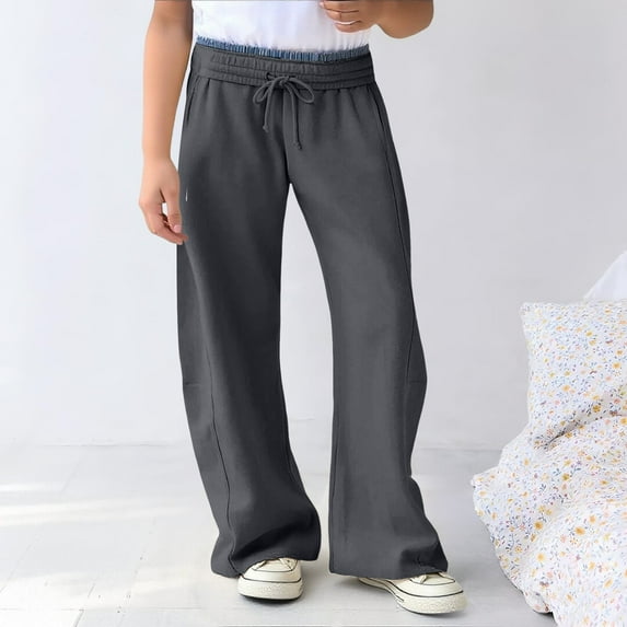 CPNG Kid Girls Wide Leg Fleece Lined Straight Leg Solid Color Sweatpants Interior Drawstring Baggy Sweatpants Y2K Low Rise Sweatpant Fall Casual Barrel Sweatpant