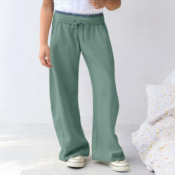 CPNG Kid Girls Wide Leg Fleece Lined Straight Leg Solid Color Sweatpants Interior Drawstring Baggy Sweatpants Y2K Low Rise Sweatpant Fall Casual Barrel Sweatpant