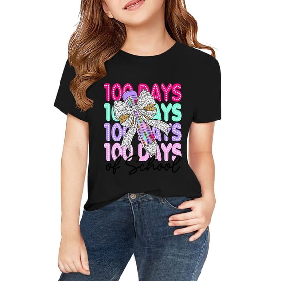 CPNG Kid's 100th Day of School Commemorative T-Shirt: "100 Days of School" Multi - Layer Text with Bow and Pencil Pattern, Ideal for Kids' School Milestone Celebration Events