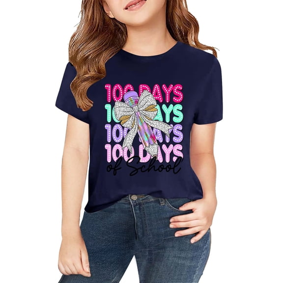 CPNG Kid's 100th Day of School Commemorative T-Shirt: "100 Days of School" Multi - Layer Text with Bow and Pencil Pattern, Ideal for Kids' School Milestone Celebration Events