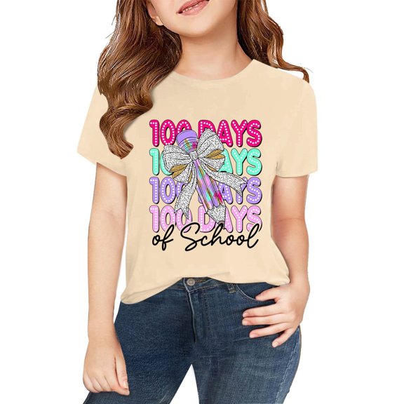 CPNG Kid's 100th Day of School Commemorative T-Shirt: "100 Days of School" Multi - Layer Text with Bow and Pencil Pattern, Ideal for Kids' School Milestone Celebration Events