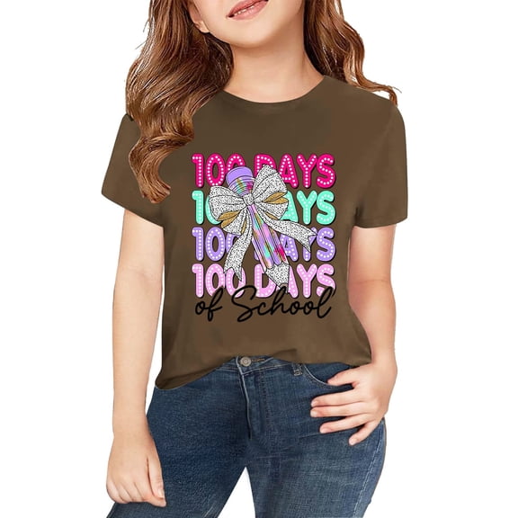 CPNG Kid's 100th Day of School Commemorative T-Shirt: "100 Days of School" Multi - Layer Text with Bow and Pencil Pattern, Ideal for Kids' School Milestone Celebration Events