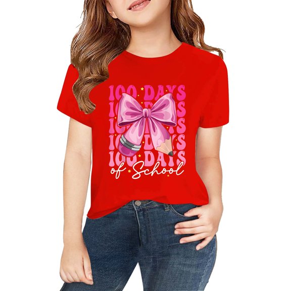 CPNG Kids' 100 Days of School Celebration T-Shirt - Fun Bow and Pencil Graphic Design, Perfect for Commemorating the 100th Day of School Milestone, Soft Comfort Fit