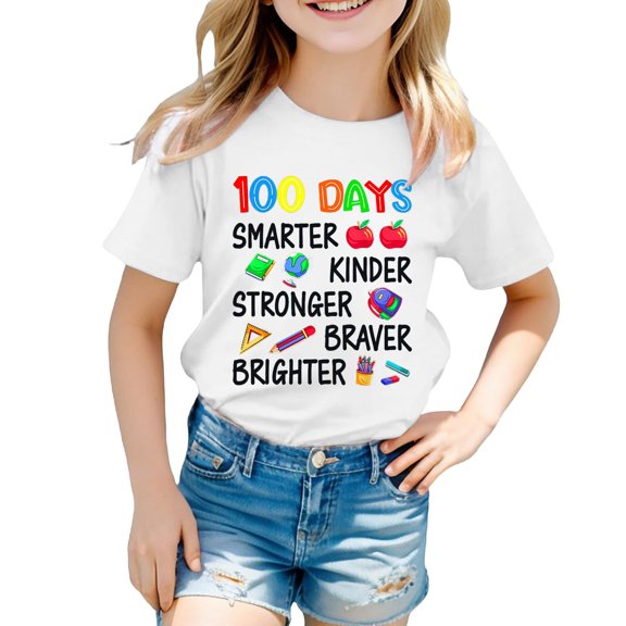 CPNG Kids' 100 Days of School Milestone T-Shirt - "100 Days Smarter Kinder Stronger Braver Brighter" Graphic with Fun School Supplies Design, Celebrate 100th Day of School