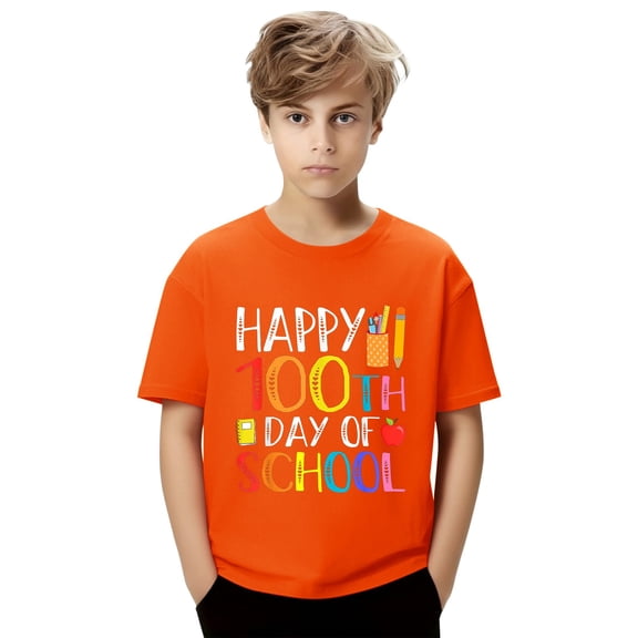 CPNG Kids' 100th Day of School Celebration T-Shirt - "Happy 100th Day of School" Graphic with Colorful Letters and School Supplies Design, Commemorate 100 Days of Learning