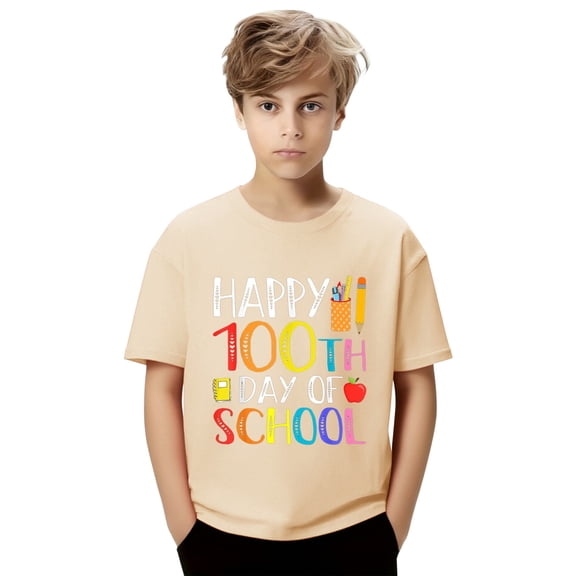 CPNG Kids' 100th Day of School Celebration T-Shirt - "Happy 100th Day of School" Graphic with Colorful Letters and School Supplies Design, Commemorate 100 Days of Learning