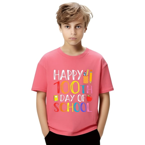 CPNG Kids' 100th Day of School Celebration T-Shirt - "Happy 100th Day of School" Graphic with Colorful Letters and School Supplies Design, Commemorate 100 Days of Learning