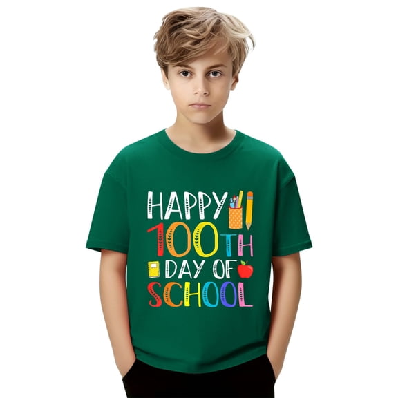 CPNG Kids' 100th Day of School Celebration T-Shirt - "Happy 100th Day of School" Graphic with Colorful Letters and School Supplies Design, Commemorate 100 Days of Learning