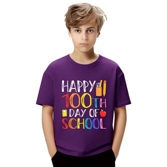 CPNG Kids' 100th Day of School Celebration T-Shirt - "Happy 100th Day of School" Graphic with Colorful Letters and School Supplies Design, Commemorate 100 Days of Learning