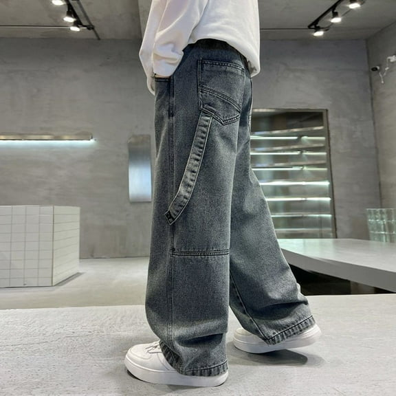 CPNG Kids Boys Baggy Jeans Teen Trousers Cotton Denim Pants with Pockets Casual Straight Wide Leg Cargo Jeans Loose Fit Elastic Waist Denim Pants