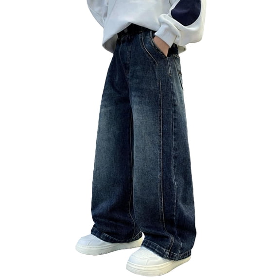 CPNG Kids Boys Baggy Jeans Y2K Straight Wide Leg Casual Loose Pull On Denim Pants with Pockets Casual Elastic Waist Loose Trousers Streetwear