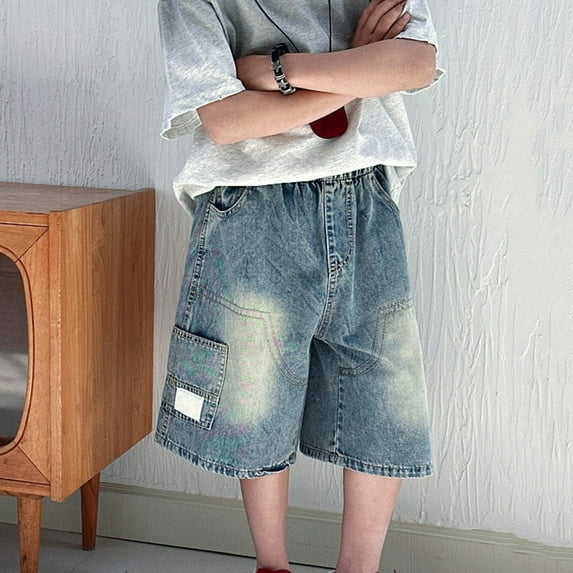 CPNG Kids Boys Denim Bermuda Shorts Wide Leg Denim Shorts Streetwear Vintage Aesthetic Baggy Jeans for Teen Boys Elastic Waisted Loose Jeans Grunge Skaer Jeans