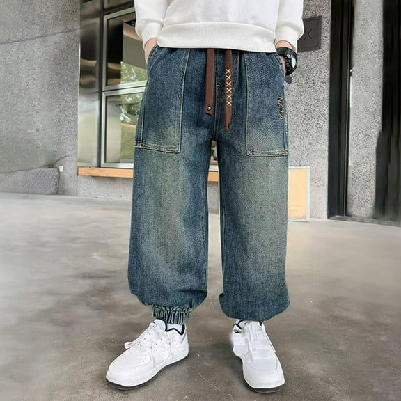 CPNG Kids Boys Wide Leg Vintage Drawstring Jeans Baggy Straight Elastic Waist High Waist Washed Denim Pants Cool Loose Trousers for Youth Boys Casual Aesthetic Streetwear