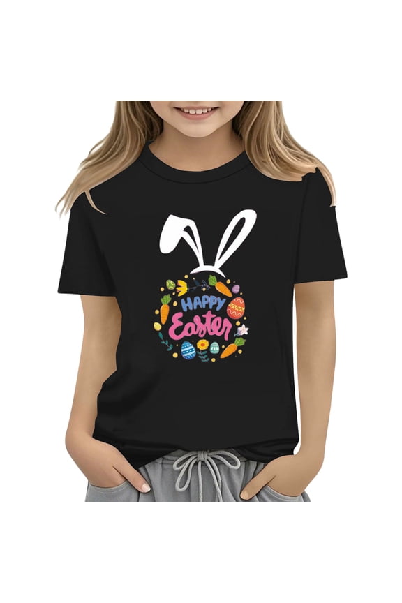 Kids Children Girls Easter Bunny T Shirt Colorful Eggs and Floral Printed T Shirts Casual Crewneck Short Sleeve T Shirts Tops(Black,12-13 Years)